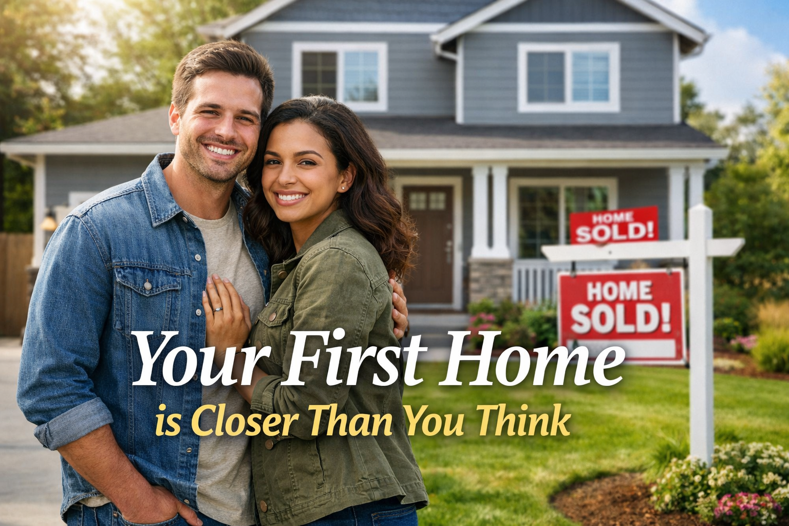 Happy couple in front of their new home